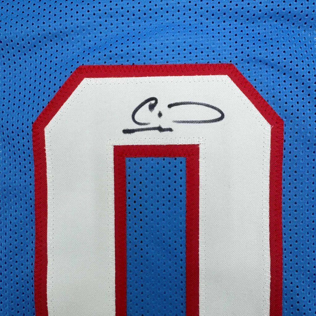 Framed Autographed/Signed Calvin Ridley 35x39 Tennessee Retro Blue Football Jersey Beckett BAS COA
