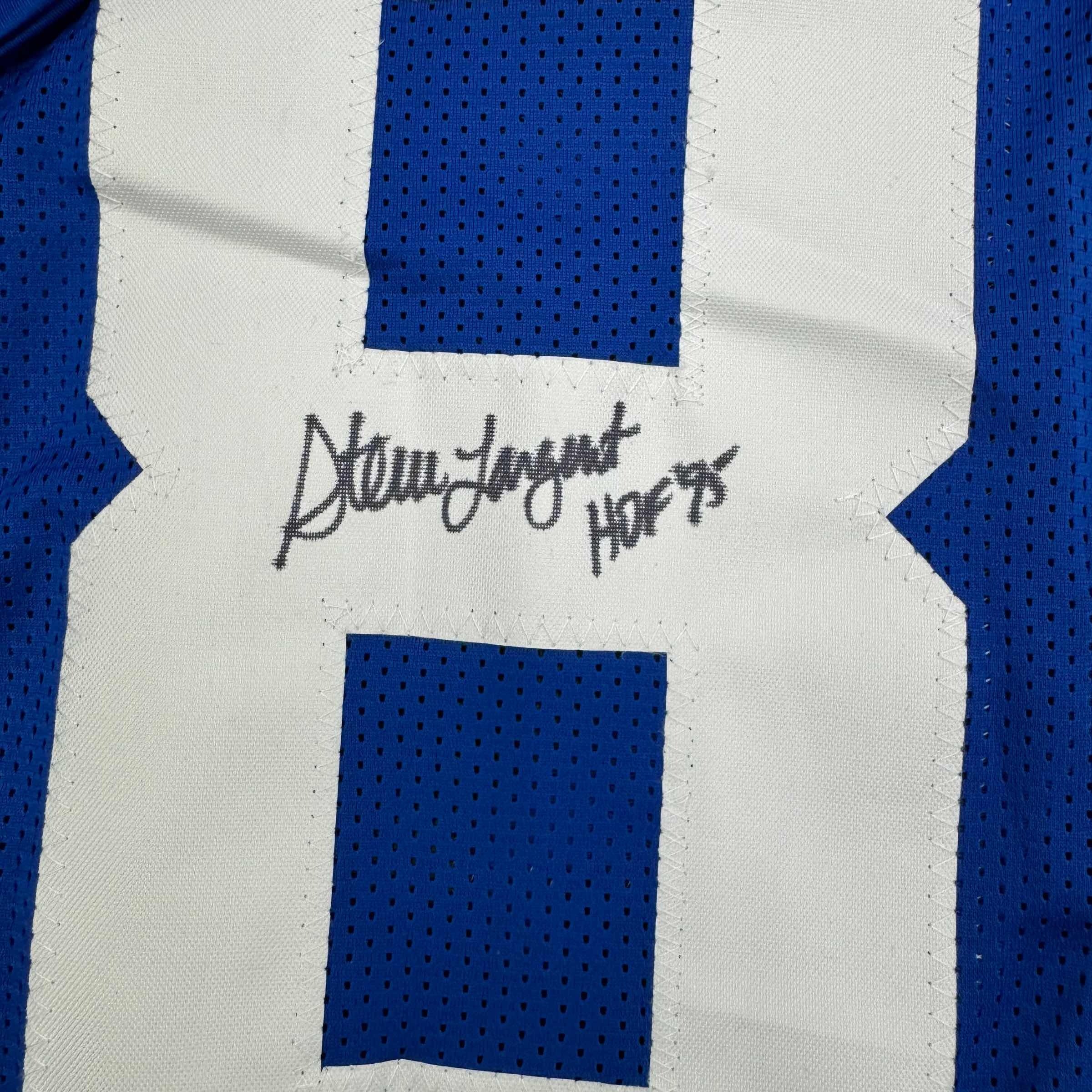 Framed Autographed/Signed Steve Largent HOF 95 35x39 Seattle Blue Stat Football Jersey Beckett BAS COA