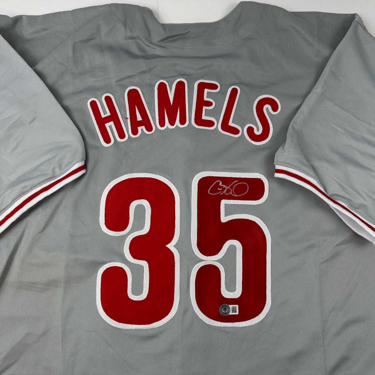 Autographed/Signed Cole Hamels Philadelphia Grey Baseball Jersey Beckett BAS COA