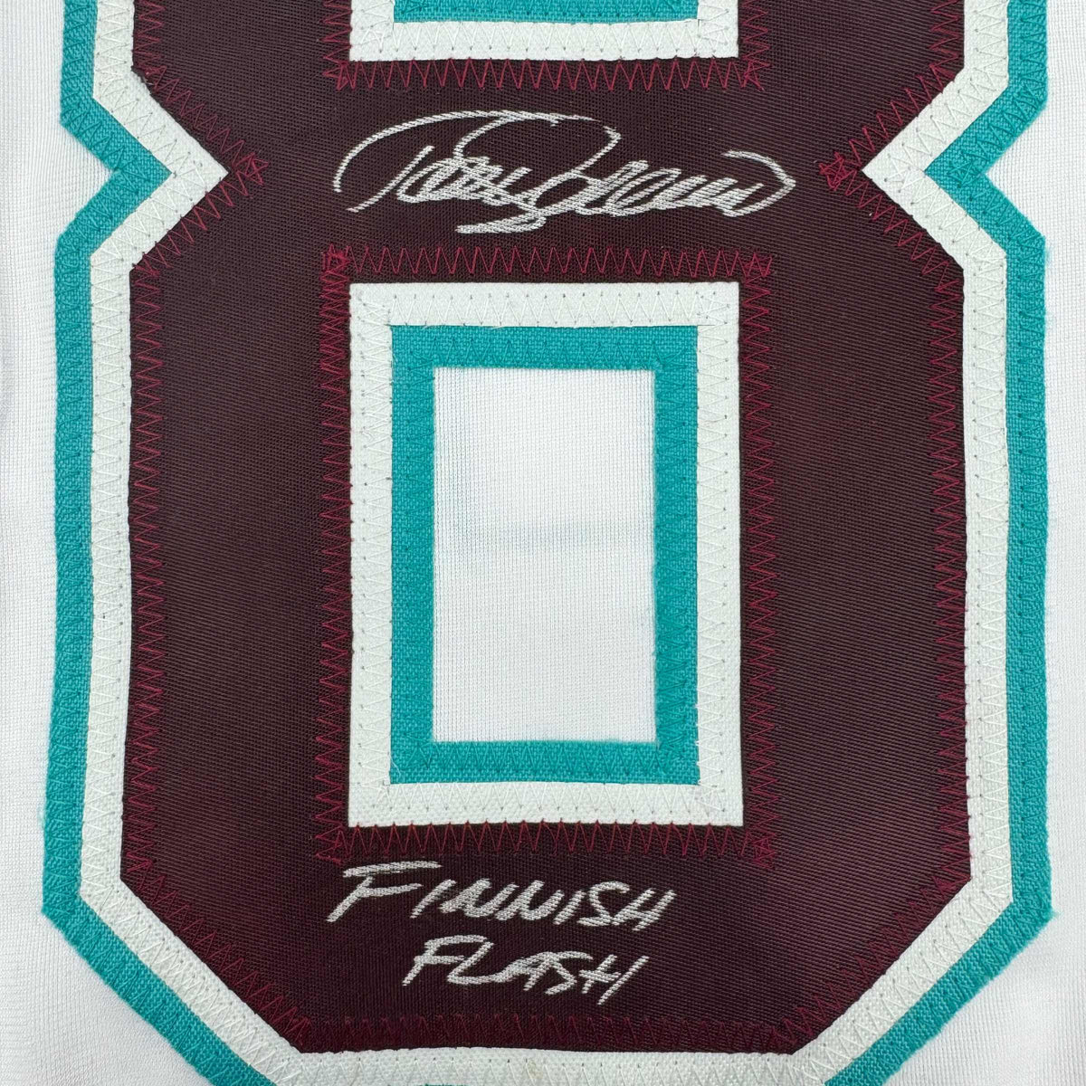 Framed Autographed/Signed Teemu Selanne Finnish Flash 35x39 Anaheim White Retro Hockey Jersey JSA COA