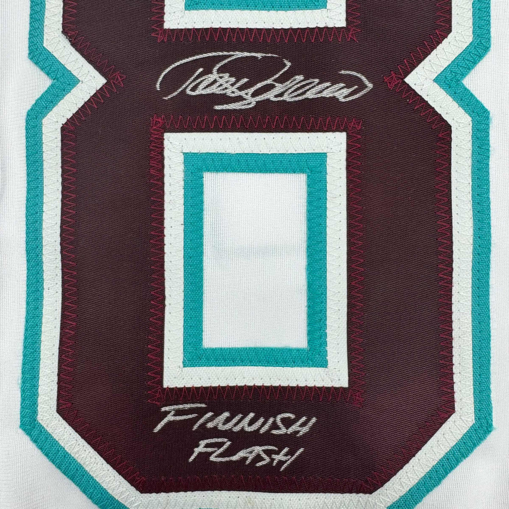 Autographed/Signed Teemu Selanne "Finnish Flash" Anaheim White Retro Hockey Jersey JSA COA