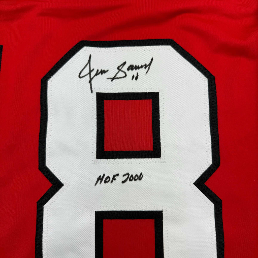 Framed Autographed/Signed Denis Savard HOF 2002 35x39 Chicago Red Hockey Jersey JSA COA