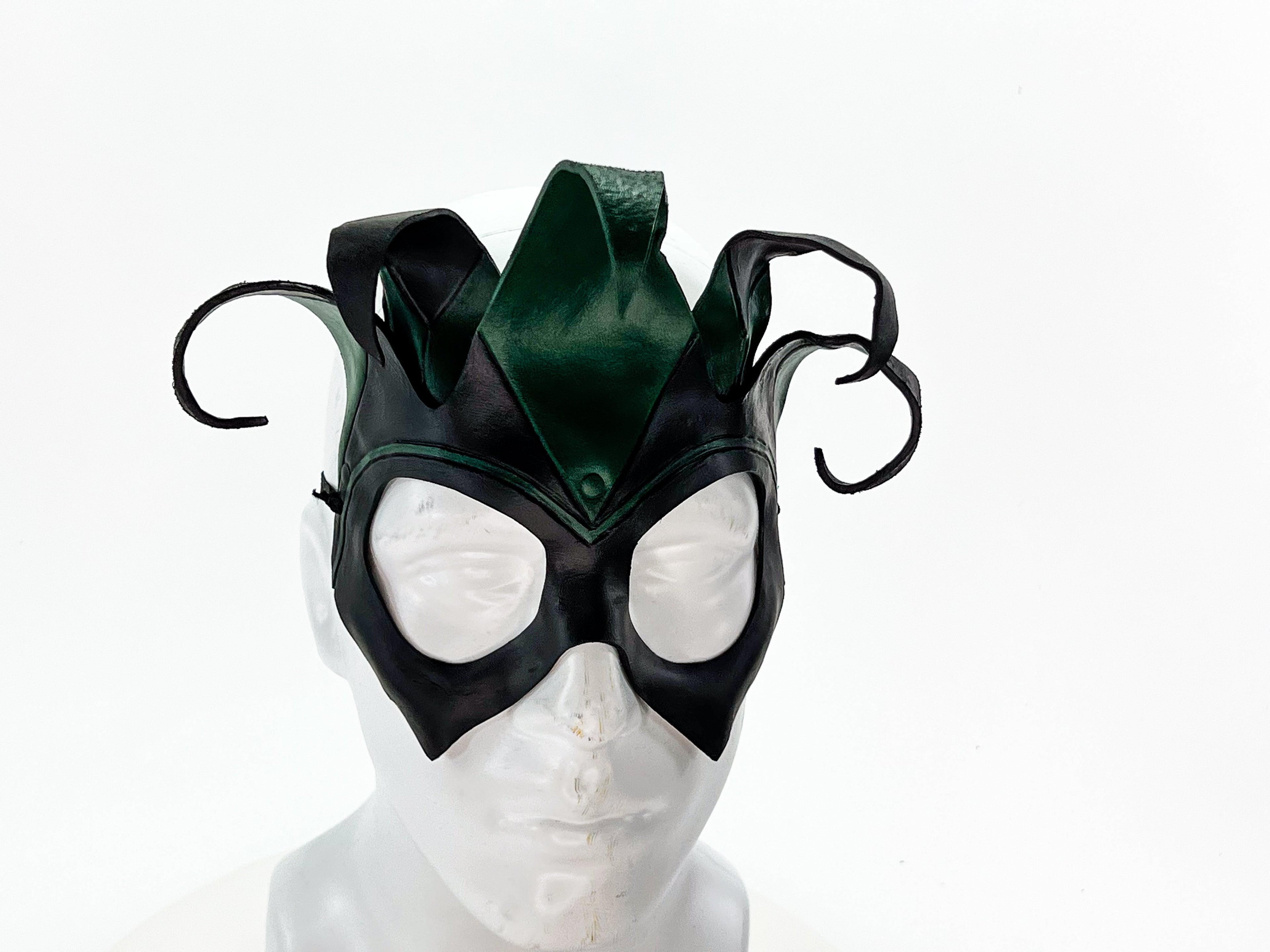 Handmade Genuine Leather Five Point Jester Mask in Green and Black No Bells