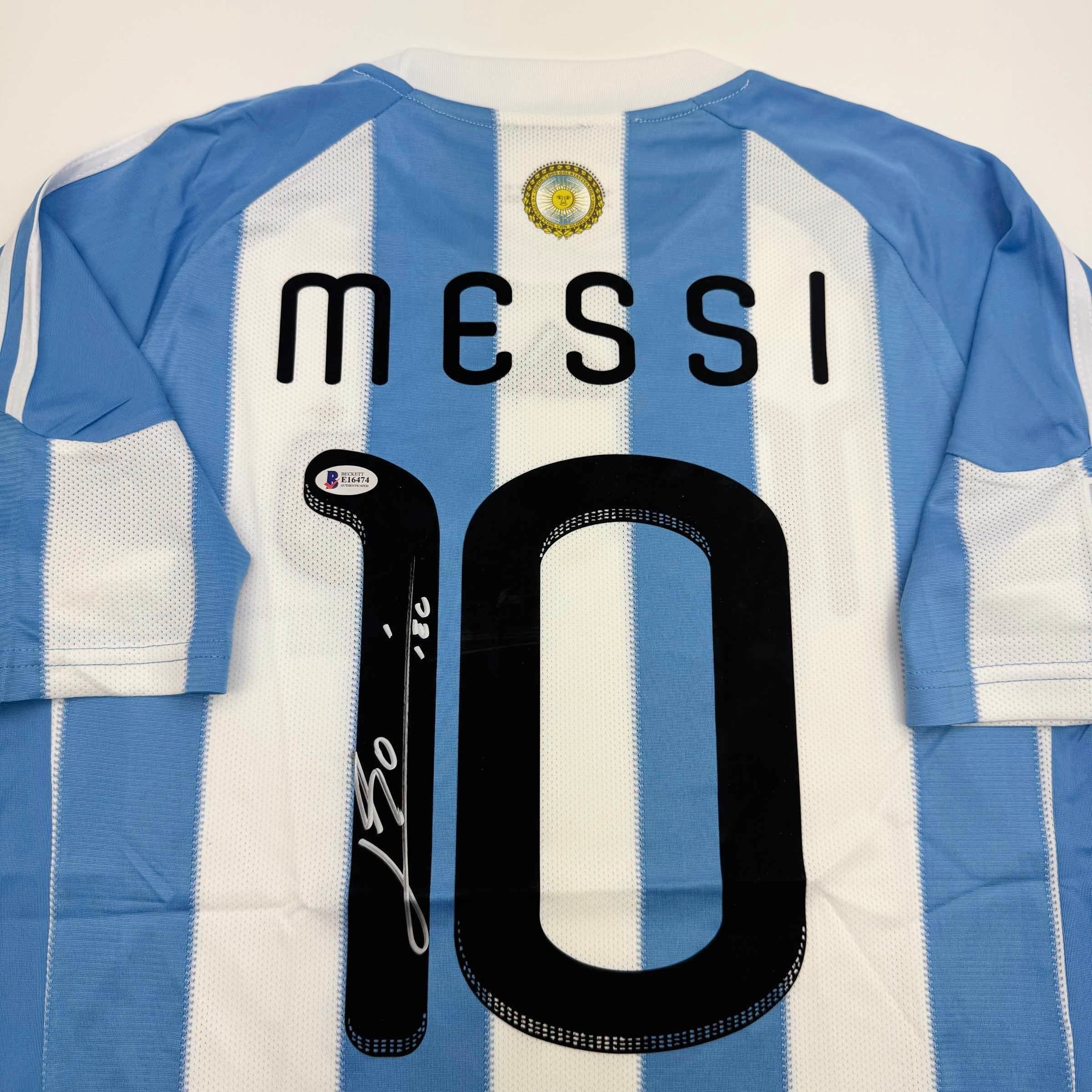 Autographed/Signed Lionel Leo Messi Argentina Blue/White Soccer Jersey Beckett BAS COA