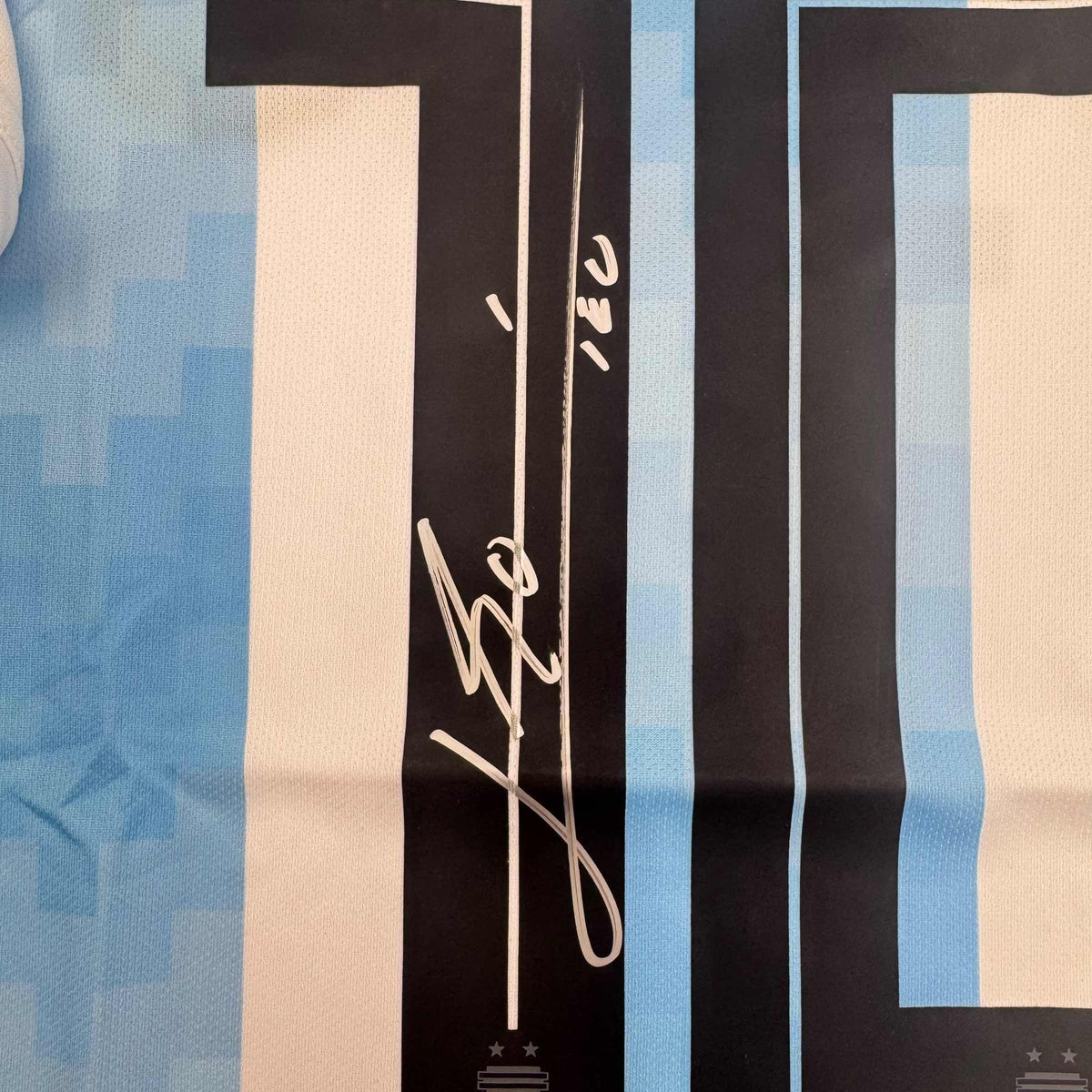 Autographed/Signed Lionel Leo Messi Argentina Blue/White Soccer Jersey Beckett BAS COA