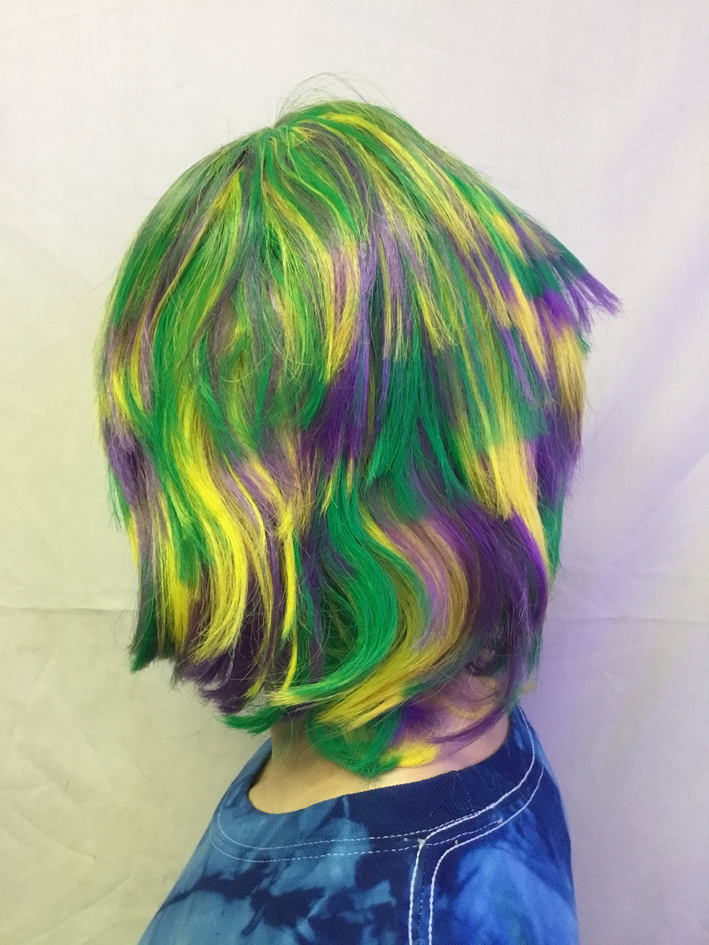 Mardi Gras Choppy Yellow Green Purple Layered Fat Tuesday Party Wig