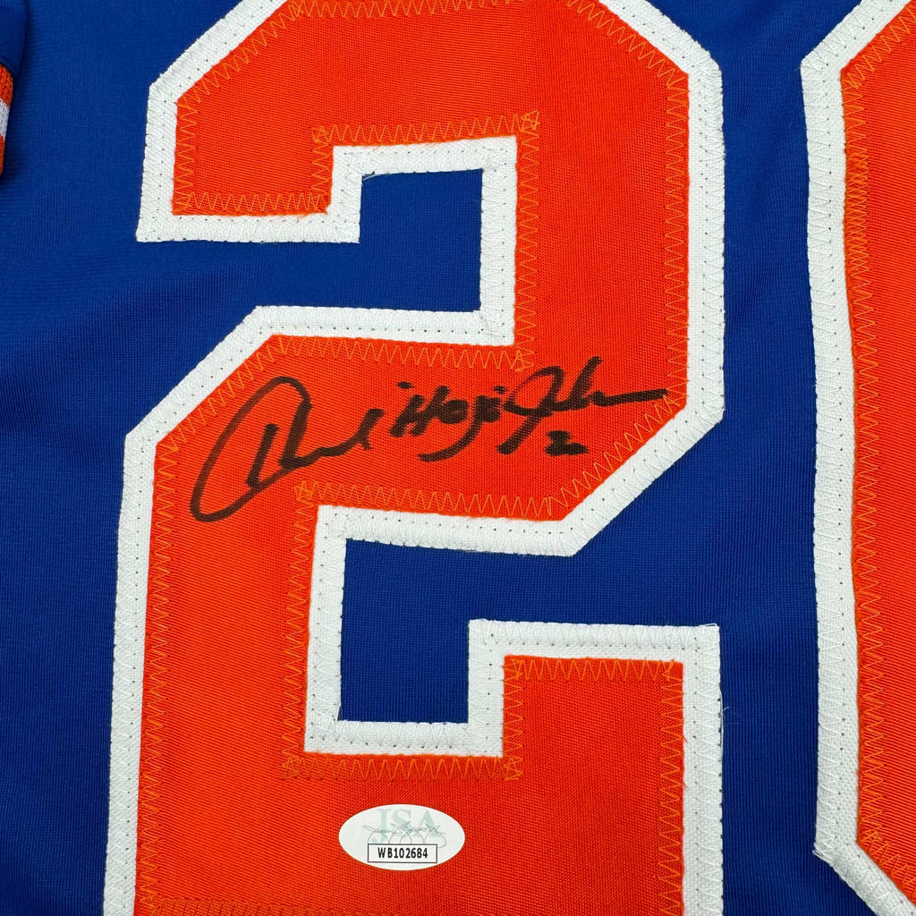 Framed Autographed/Signed Howard Johnson HOJO 35x39 New York Blue Baseball Jersey JSA COA