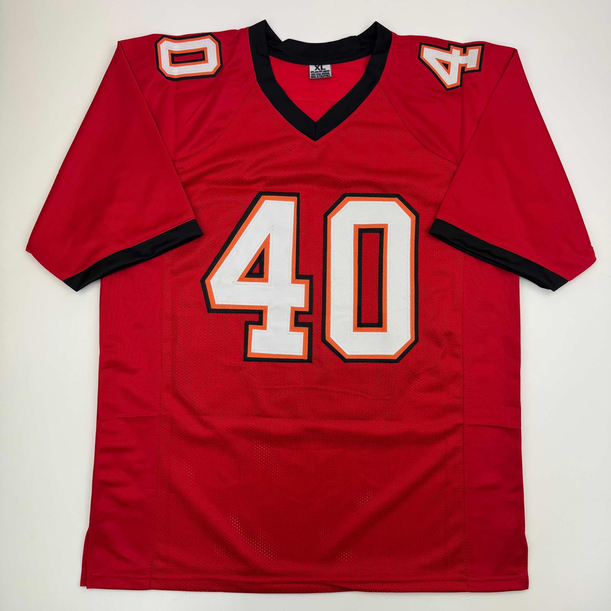 Autographed/Signed Mike Alstott Tampa Bay Red Football Jersey Beckett BAS COA