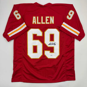 Autographed/Signed Jared Allen Kansas City Red Football Jersey Beckett BAS COA