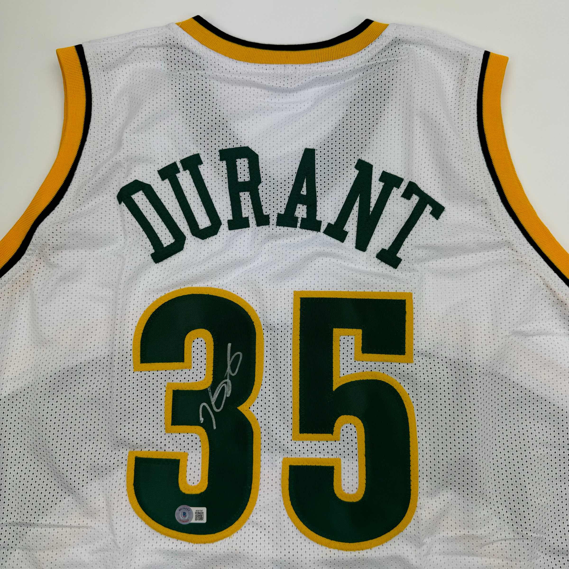 Autographed/Signed Kevin Durant Seattle White Basketball Jersey Beckett BAS COA