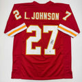 Autographed/Signed Larry Johnson Kansas City Red Football Jersey Beckett BAS COA