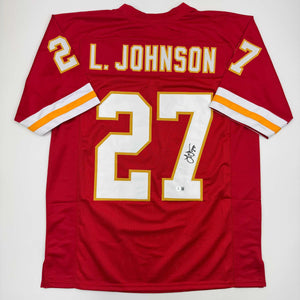 Autographed/Signed Larry Johnson Kansas City Red Football Jersey Beckett BAS COA