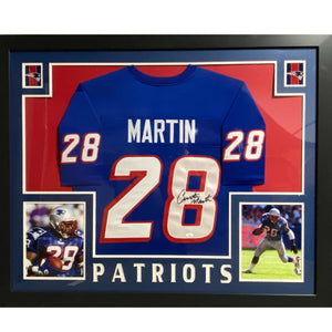 Framed Autographed/Signed Curtis Martin 35x43 New England Blue Football Jersey JSA COA