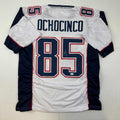 Autographed/Signed Chad Ochocinco (Johnson) New England White Football Jersey JSA COA