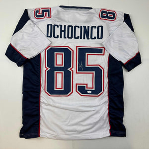 Autographed/Signed Chad Ochocinco (Johnson) New England White Football Jersey JSA COA