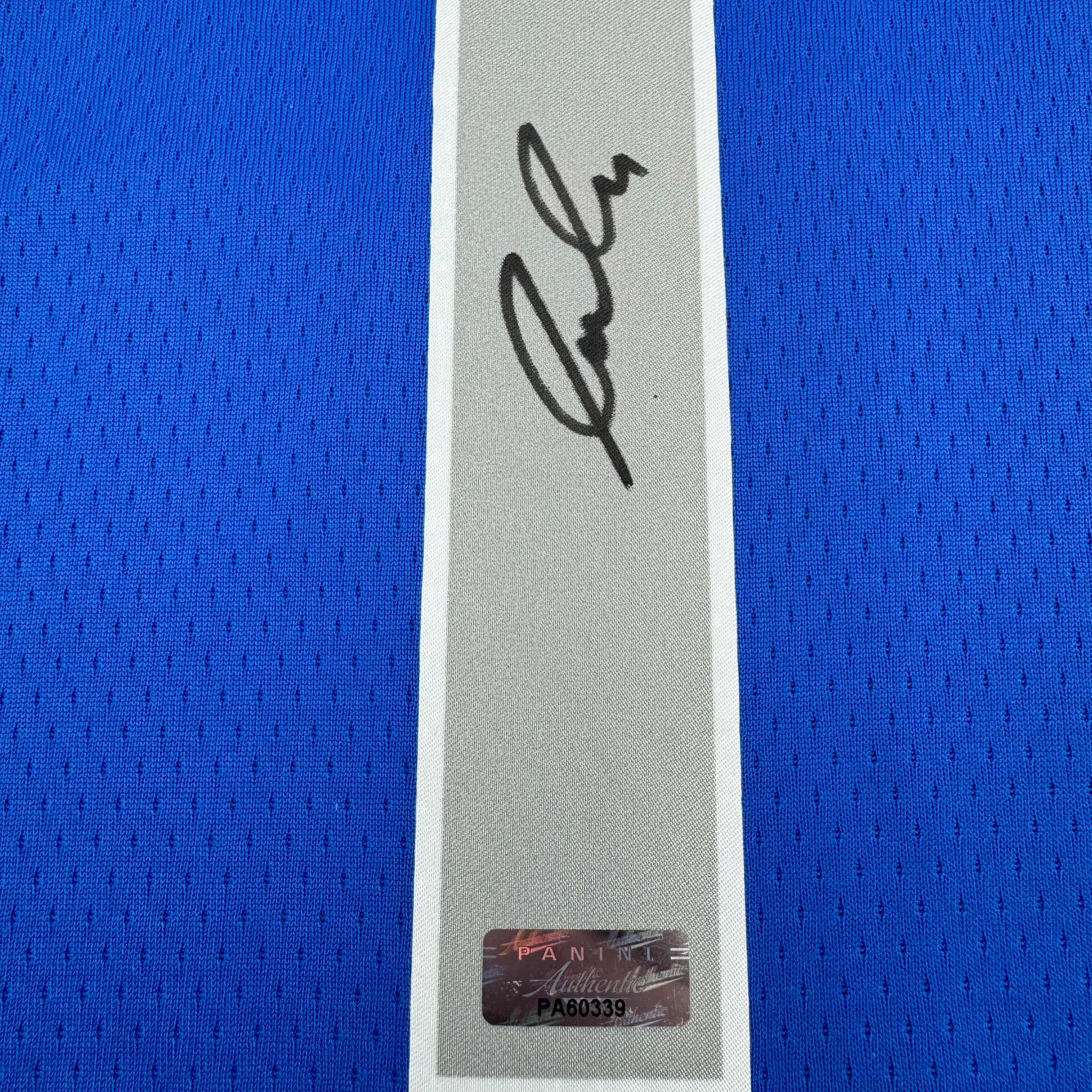 Framed Autographed/Signed Luka Doncic 35x39 Dallas Mavericks Blue Authentic Basketball Jersey Panini COA