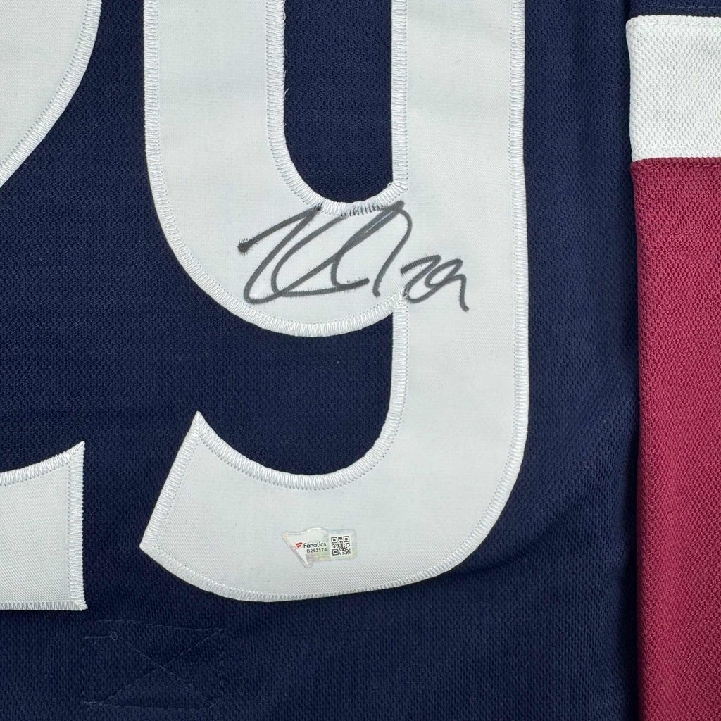 Autographed/Signed Nathan MacKinnon Colorado Avalanche Authentic Blue Hockey Jersey Fanatics COA