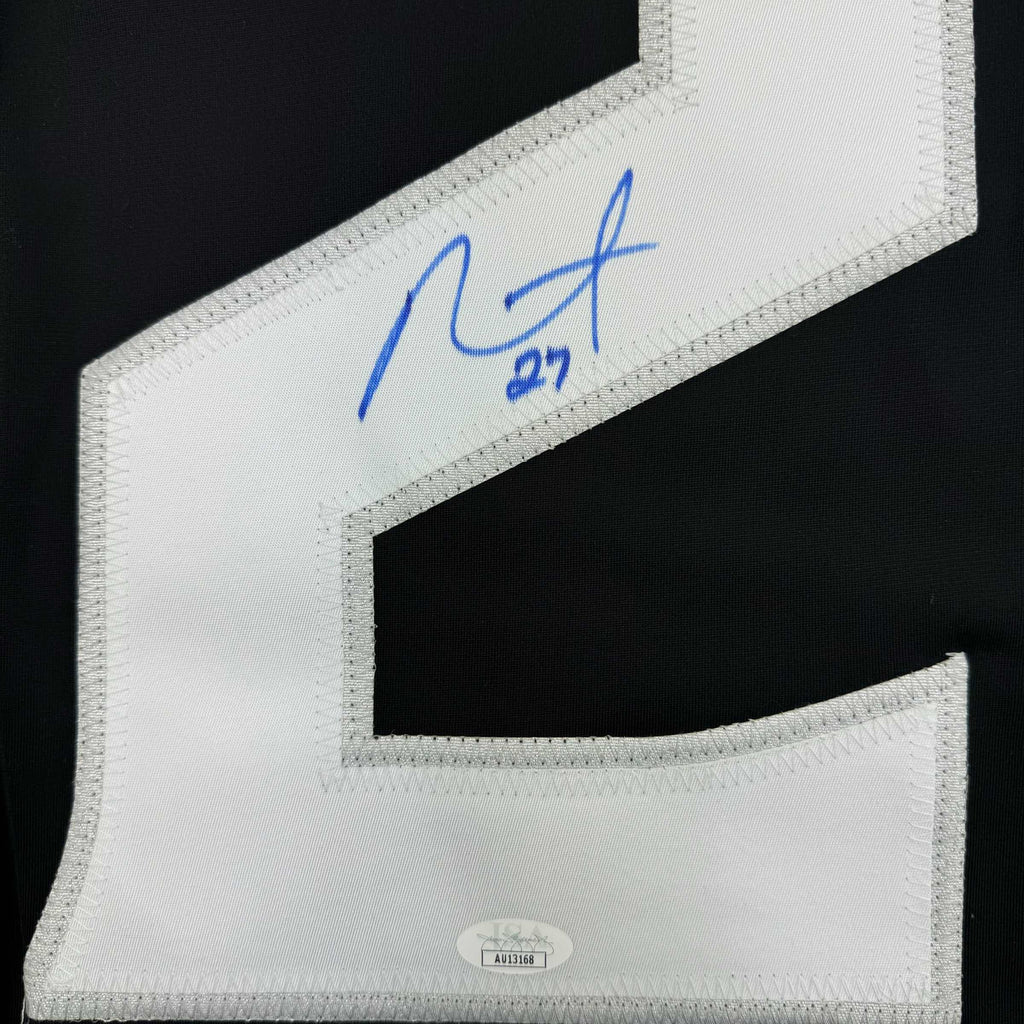 Framed Autographed/Signed Alec Martinez 35x39 Los Angeles LA Black Hockey Jersey JSA COA