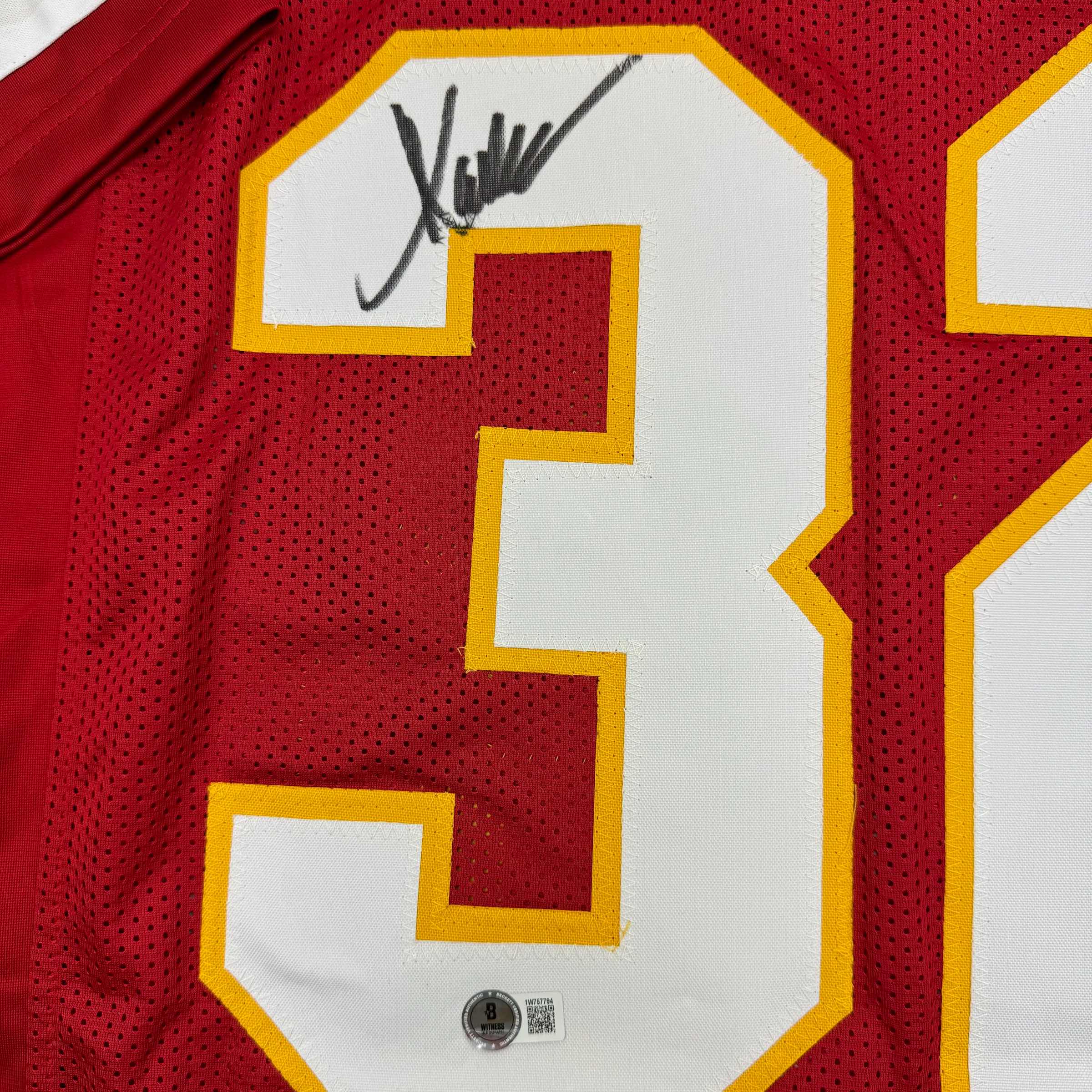 Framed Autographed/Signed Marcus Allen 35x39 Kansas City Red Football Jersey Beckett BAS COA