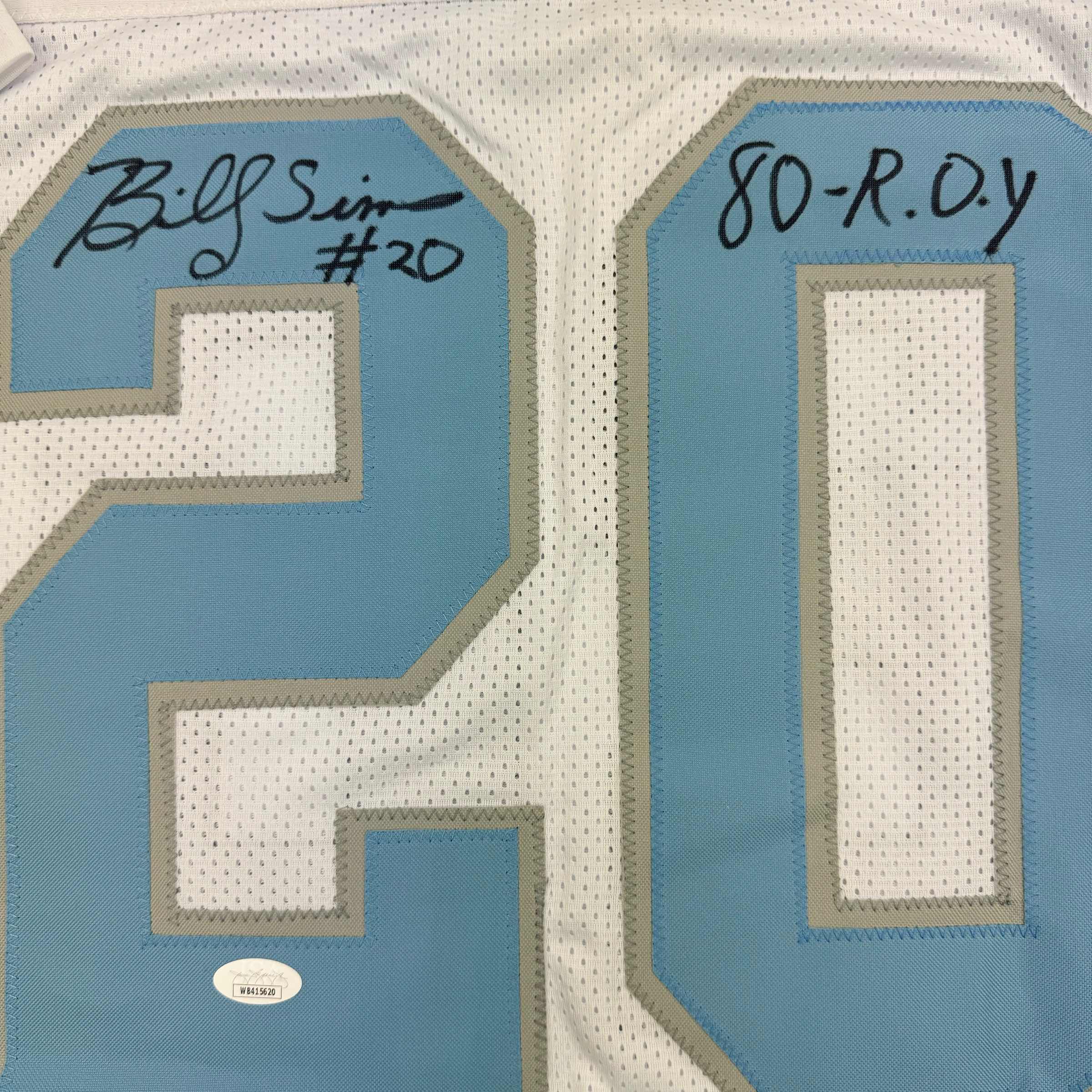 Framed Autographed/Signed Billy Sims 80 ROY 35x39 Detroit White Football Jersey JSA COA