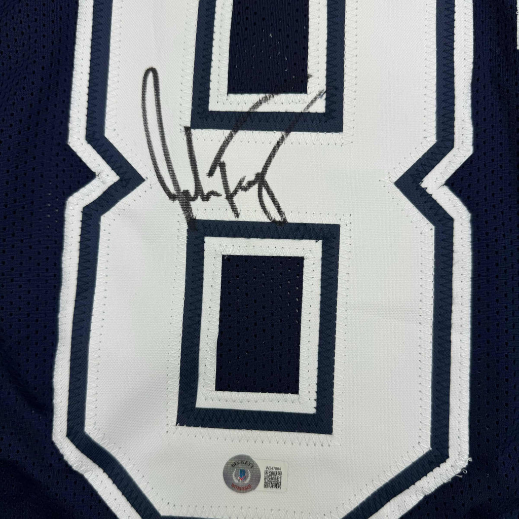 Framed Autographed/Signed Jake Ferguson 35x39 Dallas Blue Football Jersey Beckett BAS COA