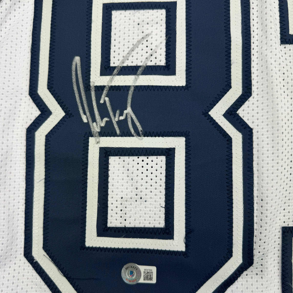 Framed Autographed/Signed Jake Ferguson 35x39 Dallas White Color Rush Football Jersey Beckett BAS COA
