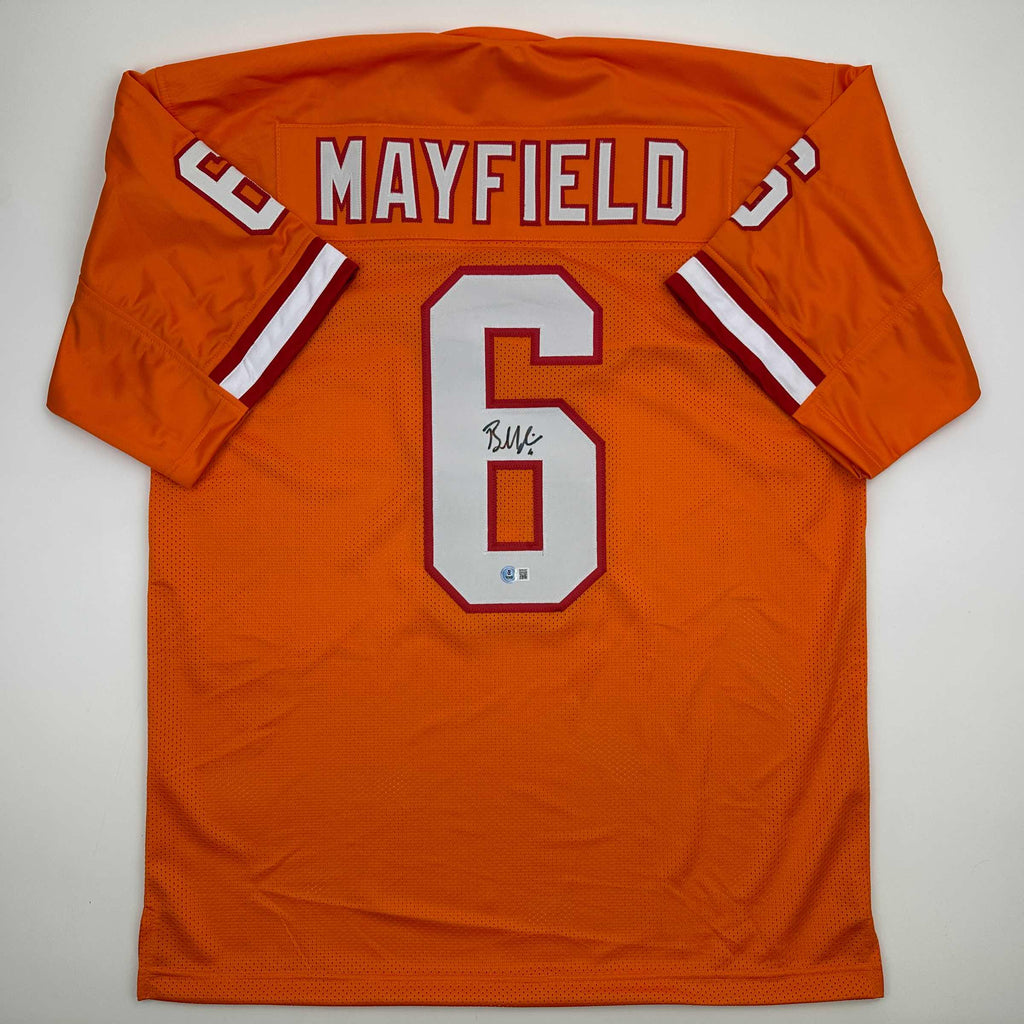 Autographed/Signed Baker Mayfield Tampa Bay Orange Creamsicle Retro Throwback Football Jersey Beckett BAS COA