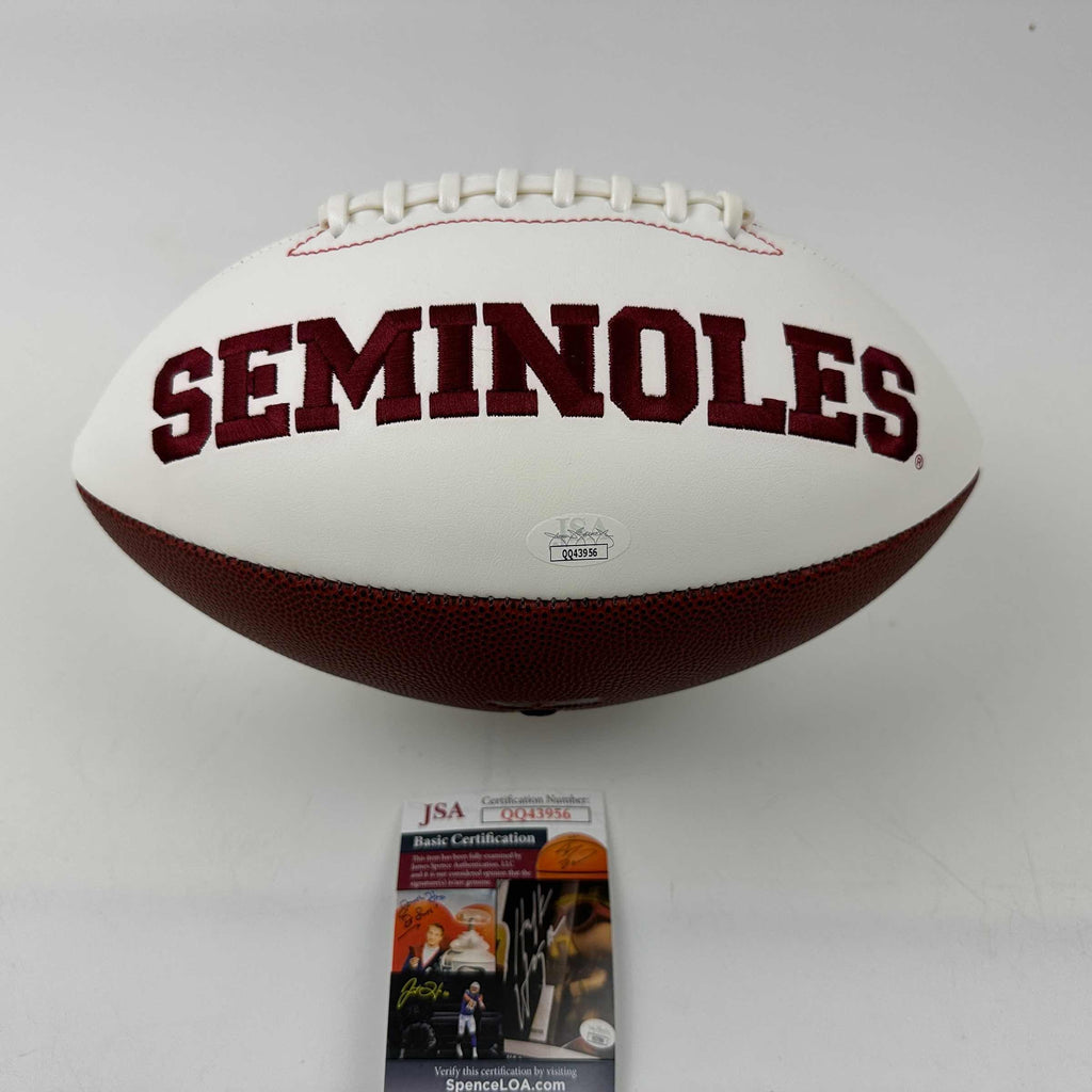 Autographed/Signed Chris Weinke & Charlie Ward Heisman Florida State Seminoles FSU Full Size White Panel Logo Football JSA COA