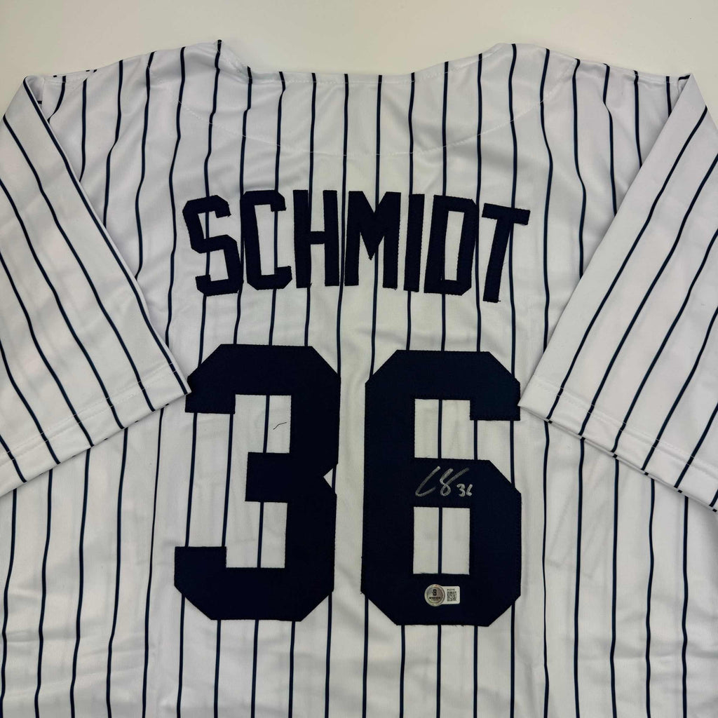 Autographed/Signed Clarke Schmidt New York Pinstripe Baseball Jersey Beckett BAS COA