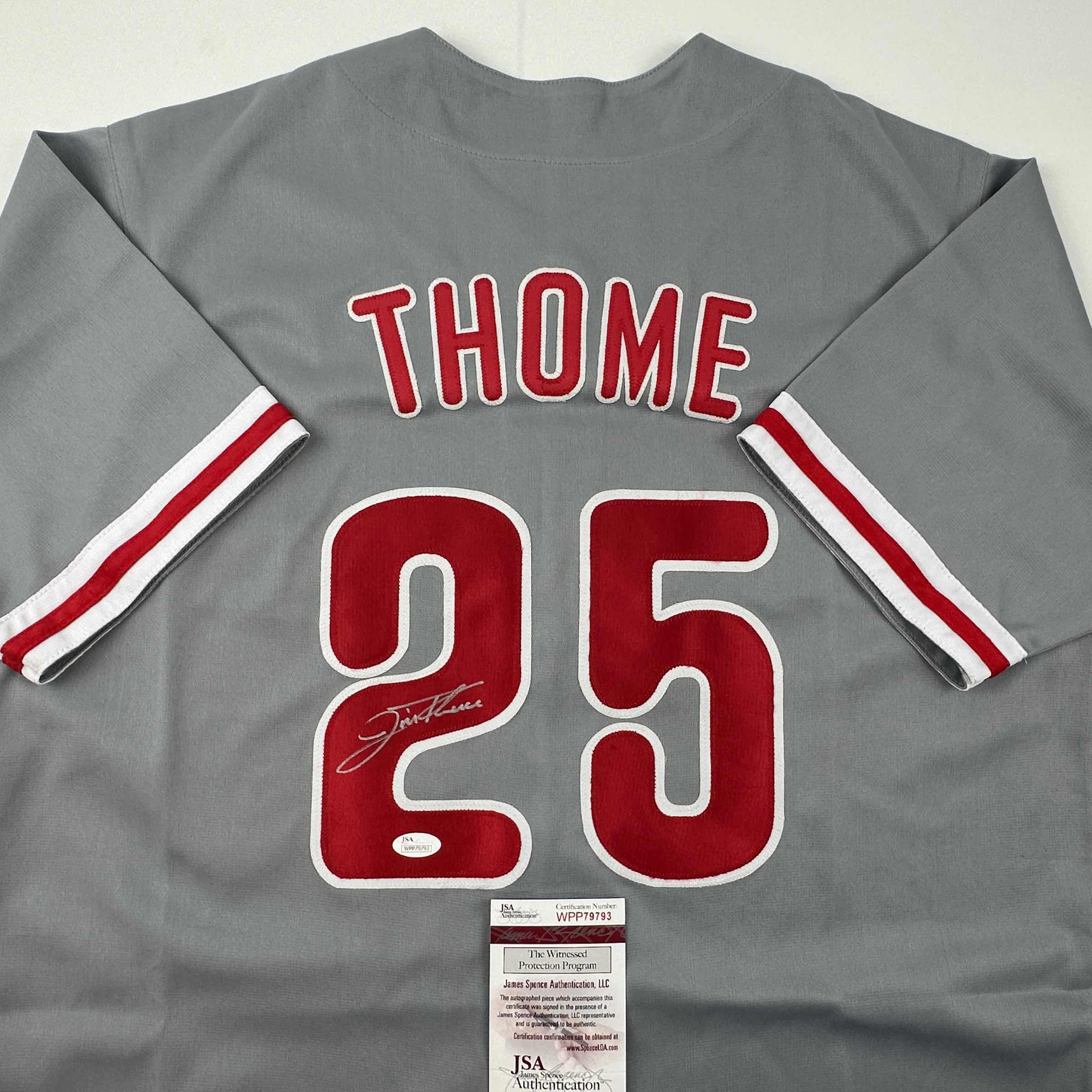 Autographed/Signed Jim Thome Philadelphia Grey Baseball Jersey JSA COA