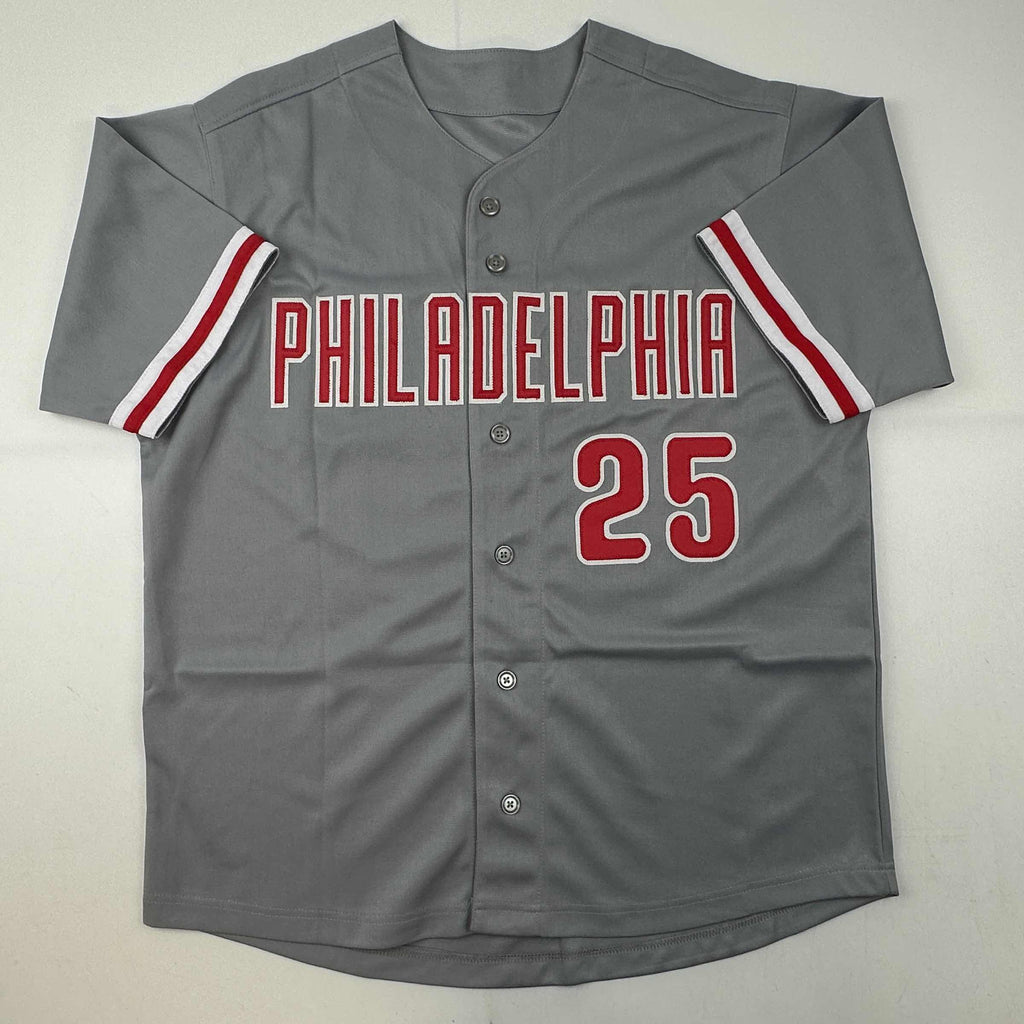 Autographed/Signed Jim Thome Philadelphia Grey Baseball Jersey JSA COA