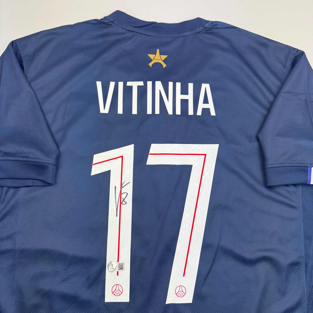 Autographed/Signed Vitinha PSG Paris Saint Germain Blue Soccer Futbol Jersey Beckett BAS COA