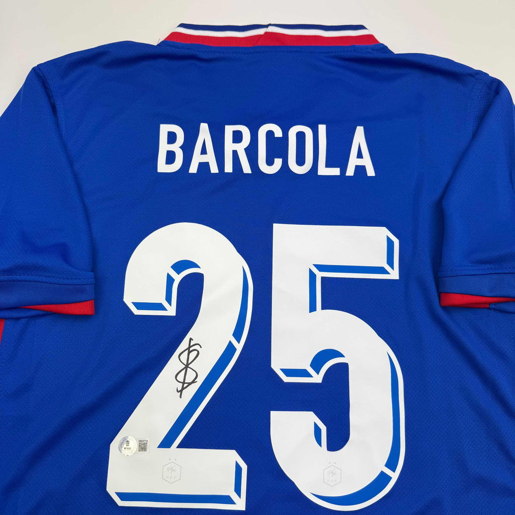 Autographed/Signed Bradley Barcola France French National Team Blue Soccer Jersey Beckett BAS COA