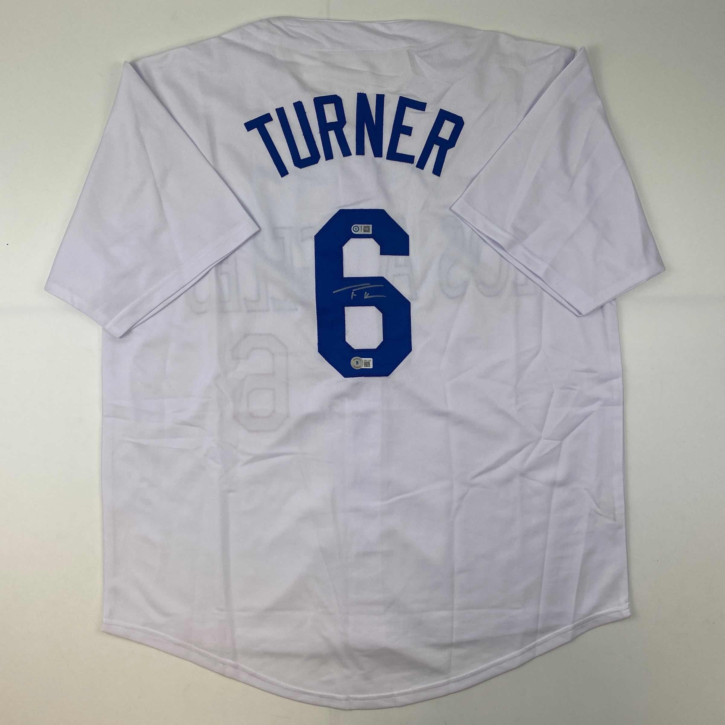 Autographed/Signed Trea Turner Los Angeles LA White Baseball Jersey Beckett BAS COA
