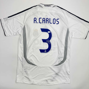 Autographed/Signed Roberto Carlos Real Madrid White Soccer Jersey Beckett BAS COA