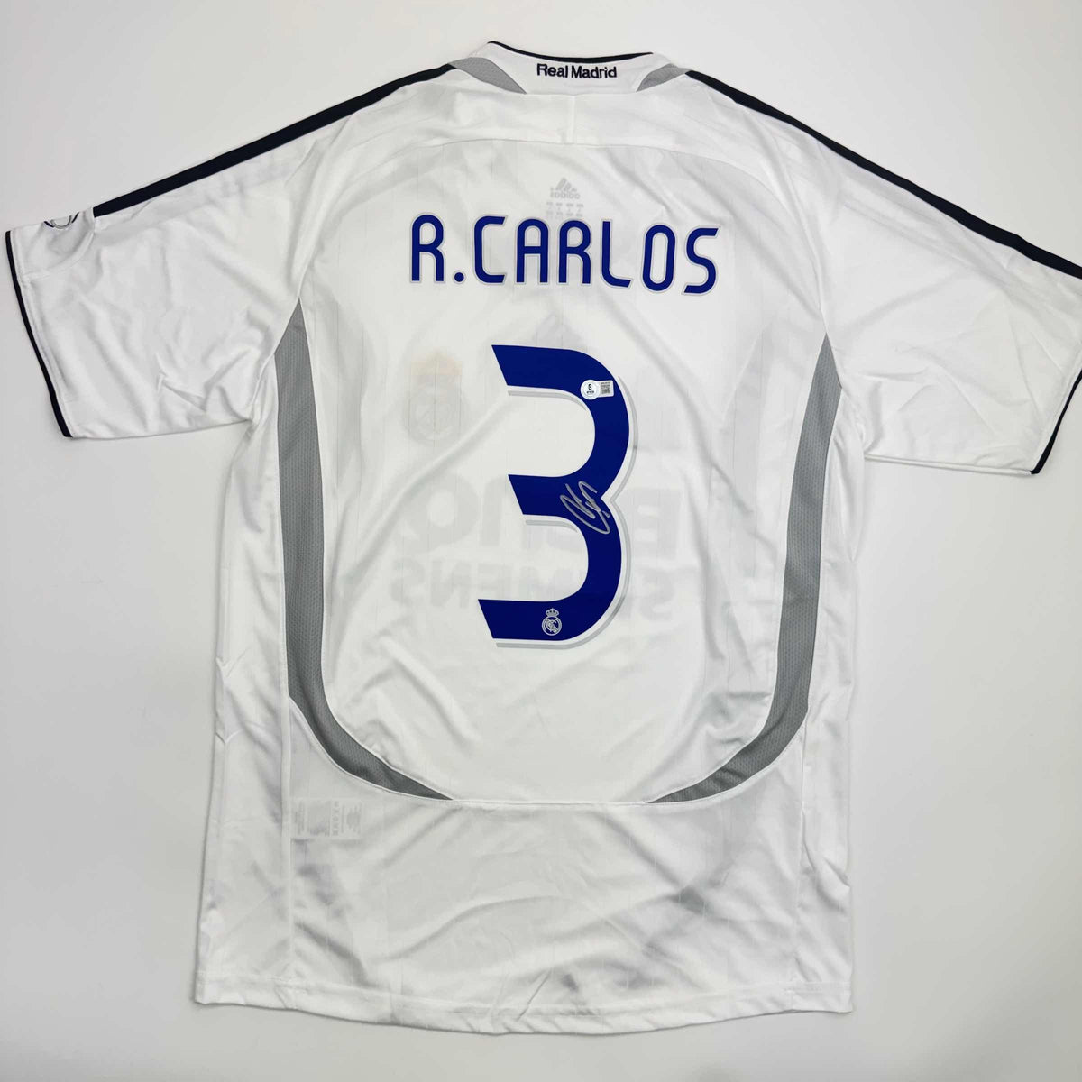 Autographed/Signed Roberto Carlos Real Madrid White Soccer Jersey Beckett BAS COA