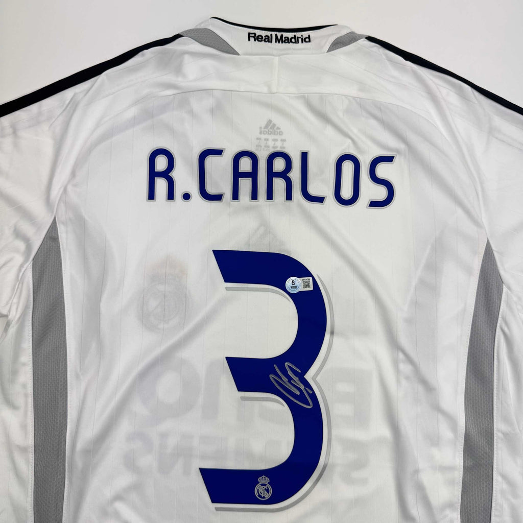 Autographed/Signed Roberto Carlos Real Madrid White Soccer Jersey Beckett BAS COA