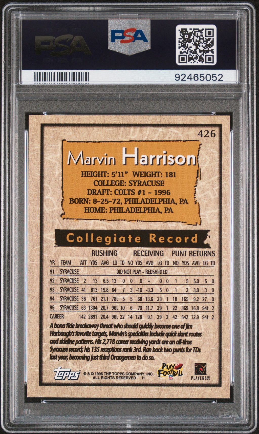 Graded 1996 Topps Marvin Harrison #246 Rookie RC Football Card PSA 9 Mint