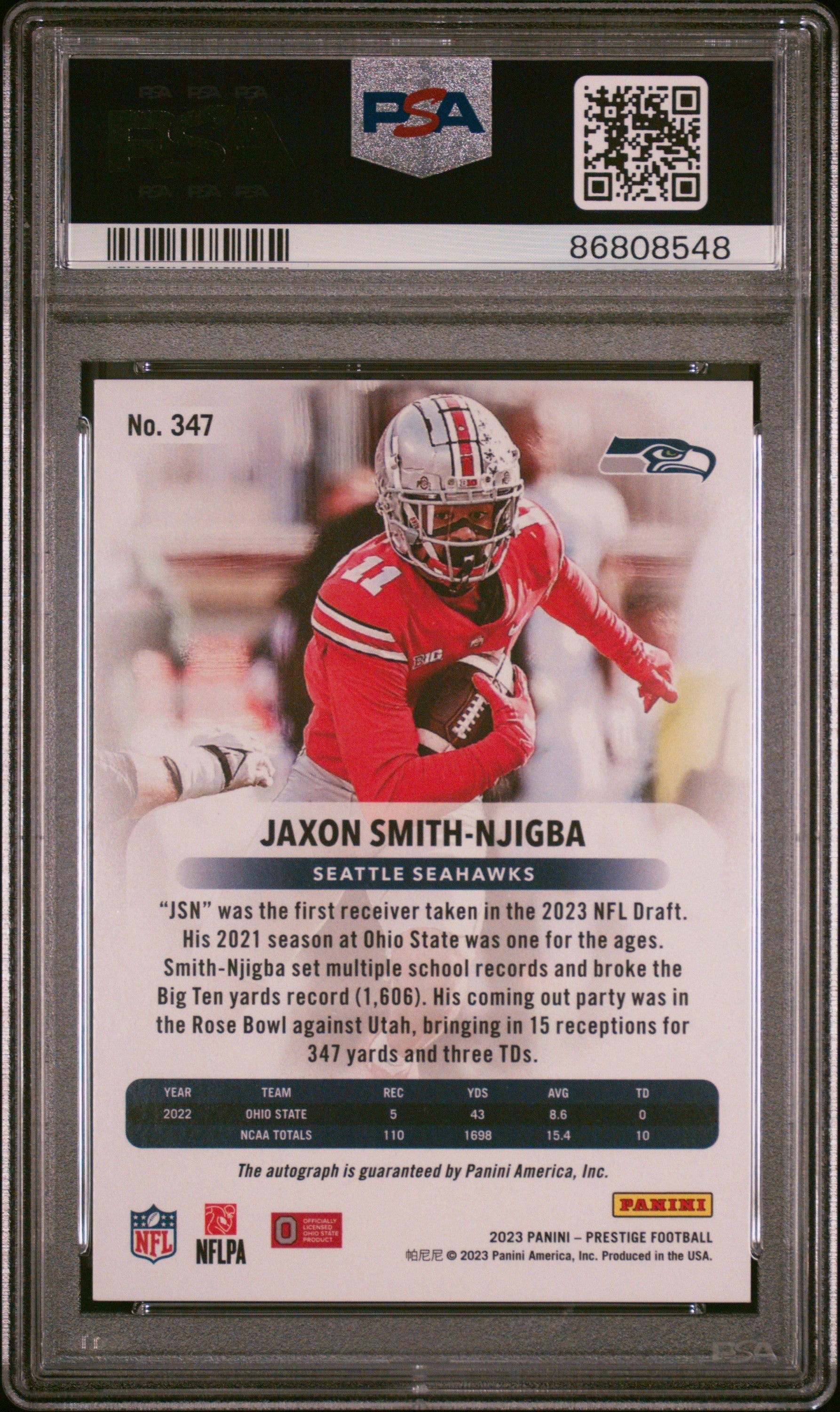 Graded 2023 Panini Prestige Jaxon Smith-Njigba #347 Red Xtra Points Premium Signature AUTO #/199 Rookie RC Football Card PSA 10 Gem Mint