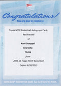 2025 Topps Now Kon Knueppel #D4 Red Auto Redemption /5 Charlotte Hornets Rookie RC Basketball Card