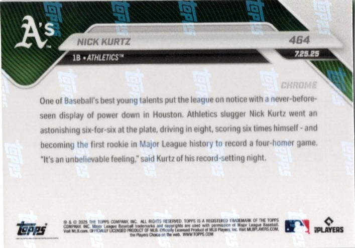 2025 Topps Now Nick Kurtz #464 Green Chrome /99 Athletics Rookie RC Baseball Card
