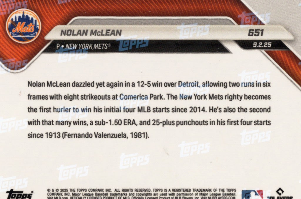 2025 Topps Now Nolan McLean #651 Orange Foil /25 New York Mets Rookie RC Baseball Card