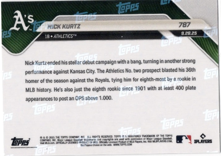 2025 Topps Now Nick Kurtz #787 Black Foil /10 Athletics Rookie RC Baseball Card
