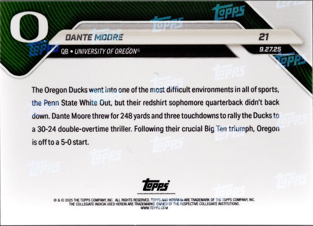2025 Topps Bowman U Now Dante Moore #21 Superfractor /1 Oregon Ducks Rookie RC Football Card