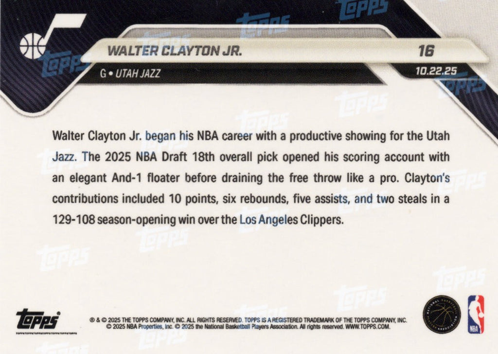 2025 Topps Now Walter Clayton Jr #16 Black Foil /10 Utah Jazz Rookie RC Basketball Card