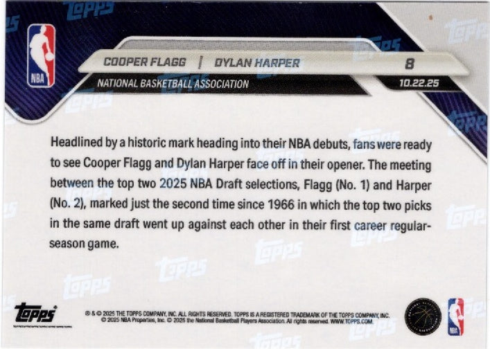 2025 Topps Now Cooper Flagg/Dylan Harper #8 Green Foil /99 Rookie RC Basketball Card