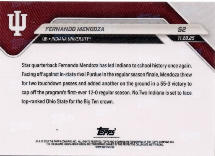 2025 Topps Bowman U Now Fernando Mendoza #52 FoilFractor 1/1 Indiana Hoosiers Rookie RC Football Card
