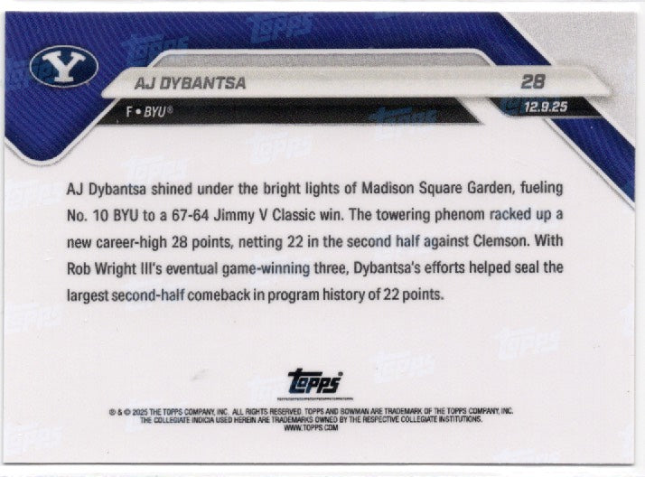 2025 Topps Bowman U Now AJ Dybantsa #28 Orange Foil /25 BYU Cougars Rookie RC Basketball Card