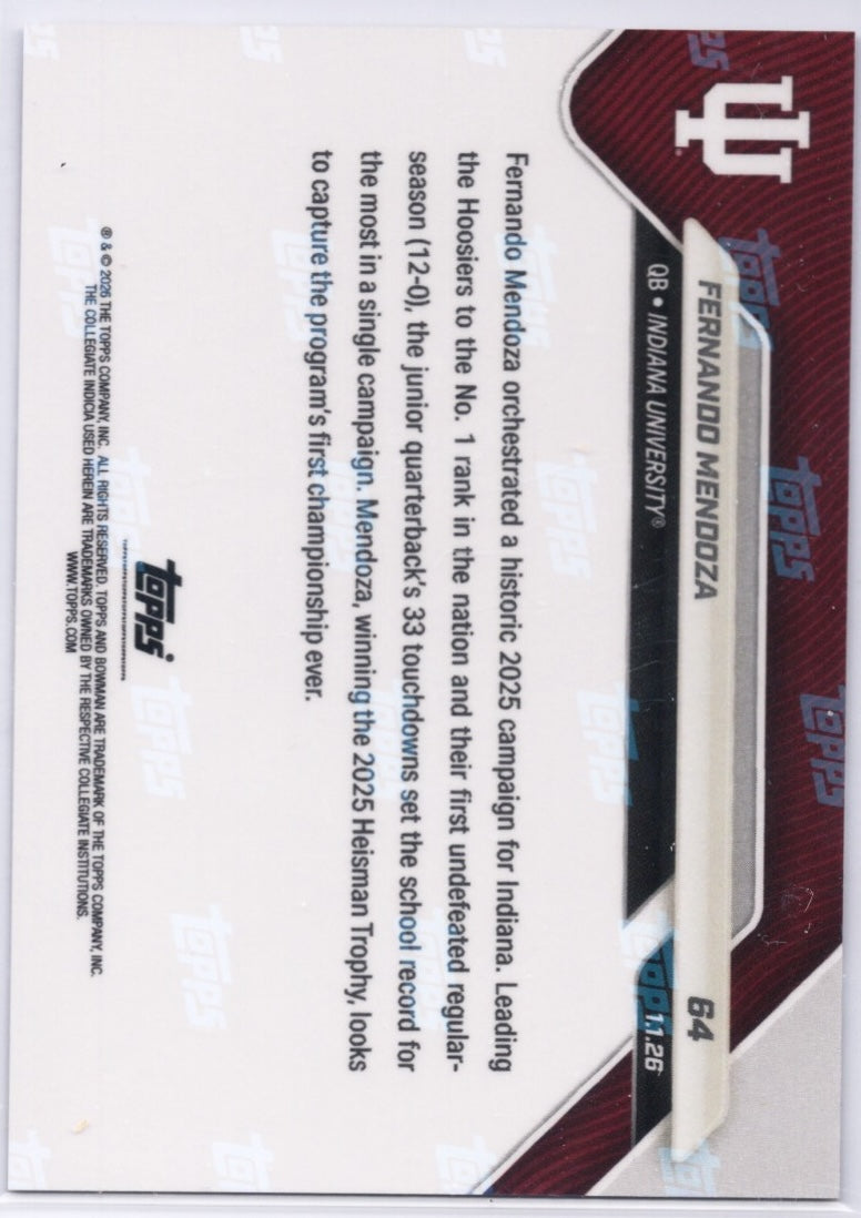 2025 Topps Bowman U Now Fernando Mendoza #64 Gold Foil /50 Indiana Hoosiers Rookie RC Football Card