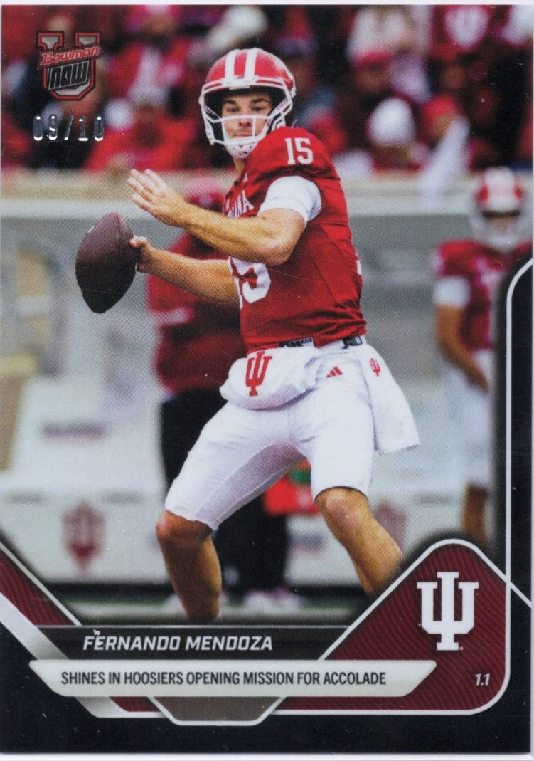 2025 Topps Bowman U Now Fernando Mendoza #64 Black Foil /10 Indiana Hoosiers Rookie RC Football Card